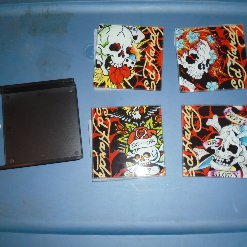 NEW VINTAGE Y2K ED HARDY SKULL TATTOO GLASS COASTERS SET OF 4 WITH PLASTIC CADDY